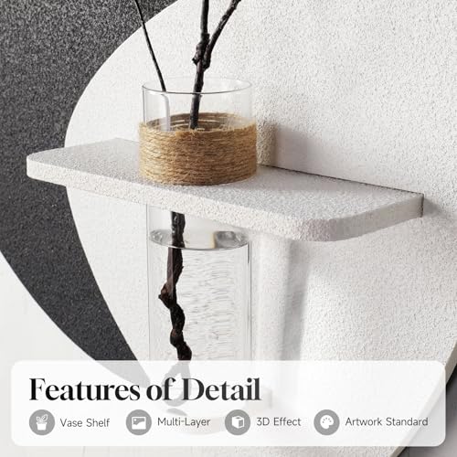3D Textured Black and White Wall Art with Vase and Shelf