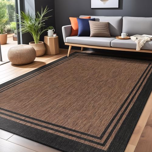 Bordered Outdoor Rug 8x10 Washable Outside Carpet for Indoor Patio Porch Waterproof Easy Cleaning Non Shedding Area Rugs Nut Brown 8 x 10