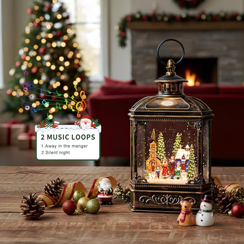Musical Snow Globe Lantern Lighted Church Carolers Christmas Village Snow Water Lantern Swirling Glittering Home Decoration and Gift