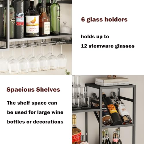 Black Bar Shelf with Integrated Glass Rack for Liquor Display