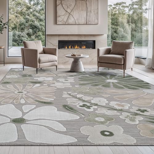 Outdoor Rug 10x14 Large Modern Floral Tropical Area Rugs for Outdoor and Indoor Patio Easy to Clean Non Shedding Living Room Porch Garden Washable Outside Carpet