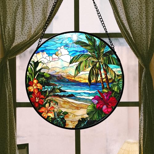 Tropical Hibiscus Beach Stained Glass Window Hanging Suncatcher Gifts 15"