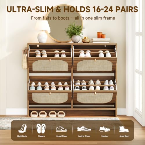 Freestanding Ultra Slim Arched Rattan Accent Shoe Storage Cabinet for Entryway