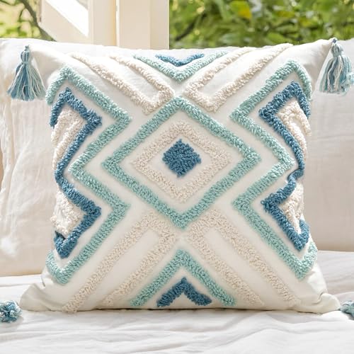 Boho Throw Pillow Covers 20x20 Tufted Tassels for Sofa Bed Teal