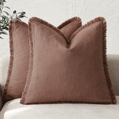 Decorative Linen Fringe Throw Pillow Covers 22×22 Inch (2 Count)