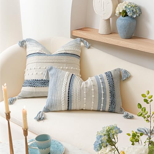 Coastal Blue Boho Decorative Throw Pillow Cover 18x18 Modern Bohemian Accent Pillow Case Square Woven Textured Farmhouse Pillows for Couch Bed