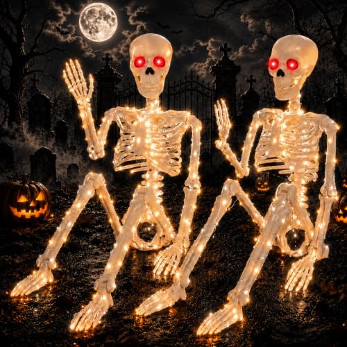 2PCS Halloween Lighted Skeletons Decoration White Light and Red Light Eyes (White LED Light)