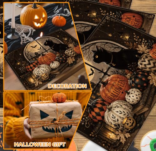 Halloween Placemats Set of 4 Black Cat Pumpkin Linen Table Mats 18x12 Inch (4 Count)