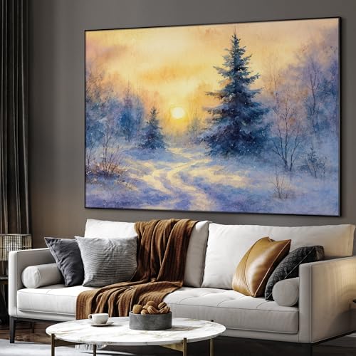 60"x72" Extra Large Framed Wall Art Winter Sunrise in Snowy Pine Forest Watercolor Style for Home Living Room Bedroom Decor