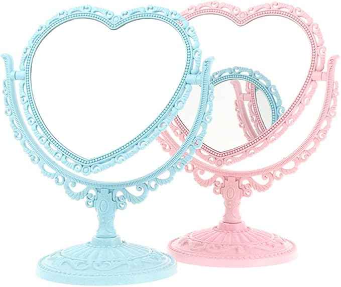 AKOAK Heart-Shaped Cosmetic Mirror - Plastic, Double-Sided, Rotatable, Lightweight - Bathroom & Bedroom Mirror (Blue)