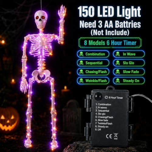 2Pack 36" Halloween Light up Skeleton Decor Outdoor (Blue&Green+Orange&Purple)