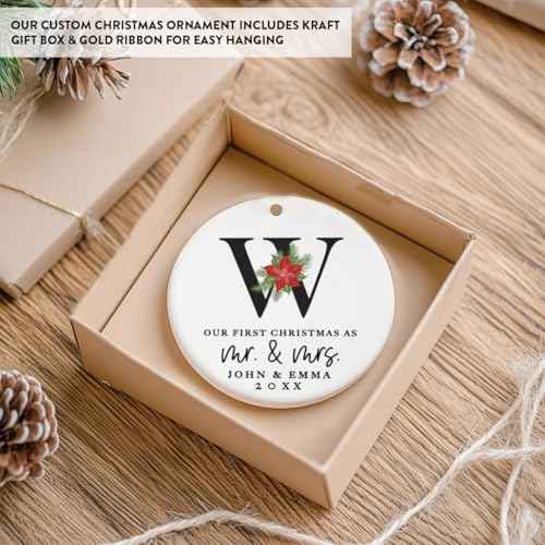 Personalized Our First Christmas As Mr. & Mrs. 2026 Christmas Ornaments Monogram Poinsettia 2.8" Round Porcelain Ceramic 1st Year Married Custom Ornament Keepsake for Newlyweds 1