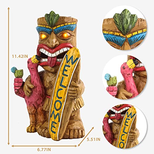 Solar Tiki Garden Statue Outdoor Decor with Flamingo Waterproof Welcome Sign for Tiki Bar