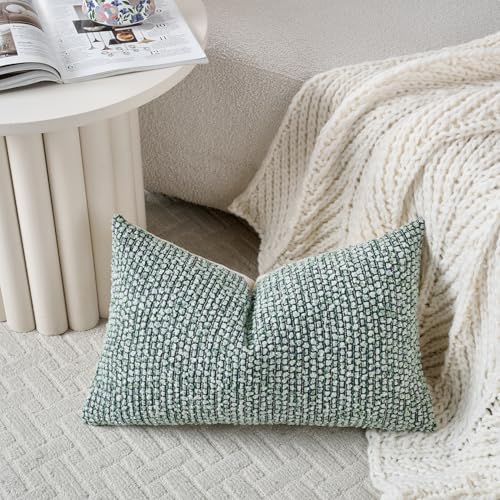 Striped Throw Pillow Covers 12x20 Set of 2 Green Textured Polyester Chic Morden Boho Accent Farmhouse Rectangular Lumbar Decorative Couch Pillow Covers for Home Decor Bed Sofa Living Room (2 Count)
