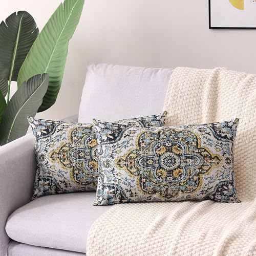 Outdoor Waterproof Pillow Covers 12X20 Set of 2 Bohemian Vintage Carpet Pattern Pillow Covers Green Blue Ethnic Design Decorative Farmhouse Cushion Case for Couch Garden (7.5 Count)