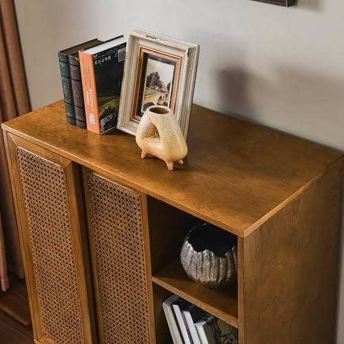 32" Mid Century Modern Rattan Sideboard Cabinet with 2 Sliding Doors