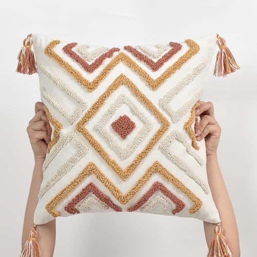 Boho Pillow Covers 18X18 Inch Boho Tufted Throw Pillow Covers Decorative Tassels Cushion Cover Farmhouse Pillow Case for Couch Sofa Bed Living Room Bedroom