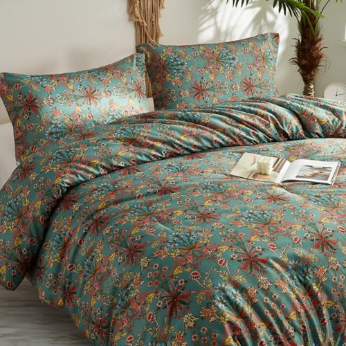 Queen Comforter Set Vintage Floral Boho Comforter for Queen Bed Aesthetic Floral Bedding Comforter with 2 Pillowcases Flower Leaves Boho Bedding Sets Farmhouse Botanical Flower Comforter Set