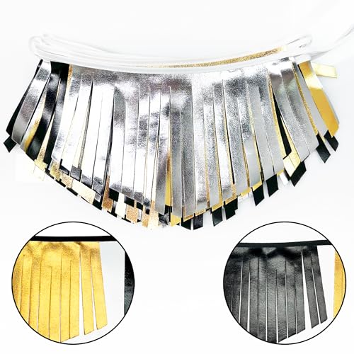 Black Silver Gold Tassel Banner Double Sided Metallic Fabric Pennant Bunting Flag Garland for Graduation Birthday Anniversary Bachelorette Engagement Wedding Bridal Shower Party Decorations Supplies (16.93 Foot)