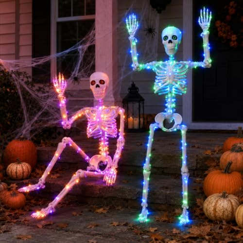 2Pack 36" Halloween Light up Skeleton Decor Outdoor (Blue&Green+Orange&Purple)