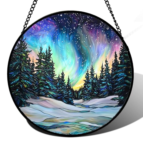 Aurora Landscape Stained Glass Window Hanging Suncatcher Xmas Gifts 15"