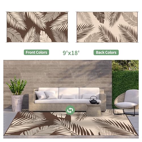 Outdoor Rug Waterproof Plastic Rugs 9'x18' for Camping Coffee Beige (162 Sq Ft)