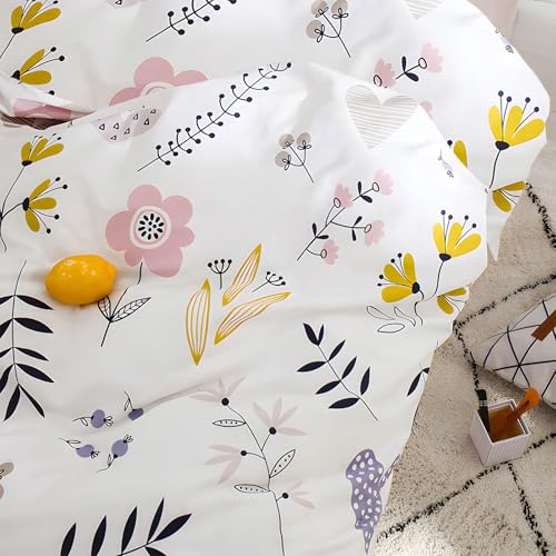 Girls Floral Comforter Set Twin XL Chic Flowers Leaves Pattern Comforter with 2 Pillowcases Fluffy Soft Cute Floral Bedding Set 3 Pieces Cottagecore Bedding Vintage Flowers Botanical Comforter Set