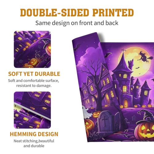 Purple Halloween Placemats Set of 4 Castle Witch Bats Pumpkin Spooky Place Mats Farmhouse Fall Holiday Table Mats for Party Kitchen Dining Outdoor Indoor Decor (4 Count)