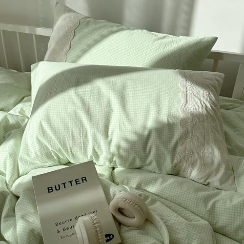 Green Gingham Comforter Set Full Size Princess Lace Style Vintage Plaid Checkered Comforter Chic Gingham Farmhouse Bedding Set Lightweight Fluffy Soft Green Plaid Grid Comforter Set Full