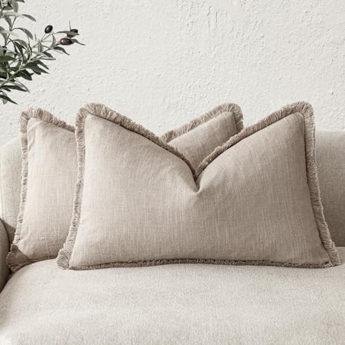Boho Linen Fringe Lumbar Throw Pillow Covers 12×20 Natural Linen (2 Count)