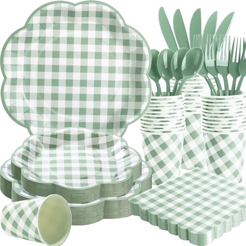 350 Pcs Sage Green Gingham Paper Plates and Napkins Party Supplies