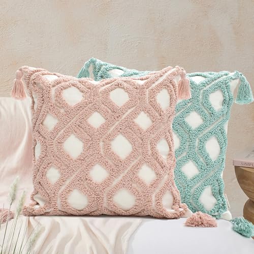 Boho Throw Pillow Covers 18x18 Tufted with Tassels