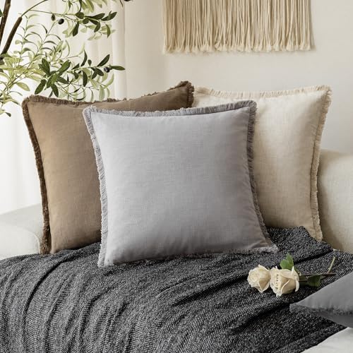 Decorative Linen Fringe Throw Pillow Covers 24×24 Light Gray (2 Count)