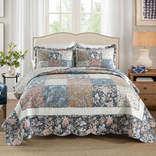 3 Piece Quilt Set Queen Size Quilted Bedspread Reversible Country Style Blue Floral Paisley Real Patchwork Bedding Quilt Set with Ruffles with Pillowcases for All Seasons