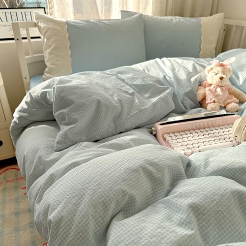 Twin XL Comforter Set Blue Gingham Comforter with 2 Pillowcases Princess Lace Style Blue Plaid Grid Comforter Lightweight Soft Gingham Bedding Vintage Plaid Checkered Comforter Set Twin XL