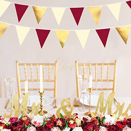 Burgundy Party Decorations Gold Maroon Beige Fabric Triangle Pennant Banner Garnet Flag Bunting Garland for Graduation Wedding Birthday Bridal Shower Bachelorette Anniversary Engagement Party Supplies (32 Foot)