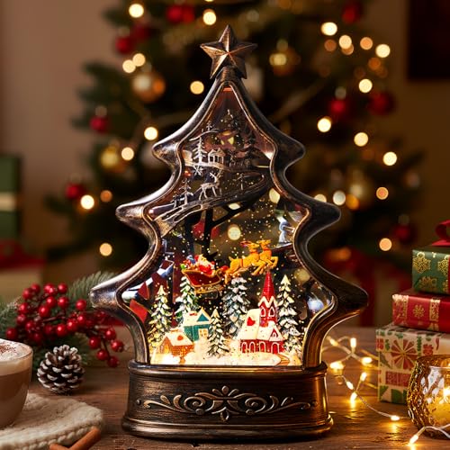 Christmas Snow Globe Lantern Water Glittering Buildings Santa's Deer with Music& Timer