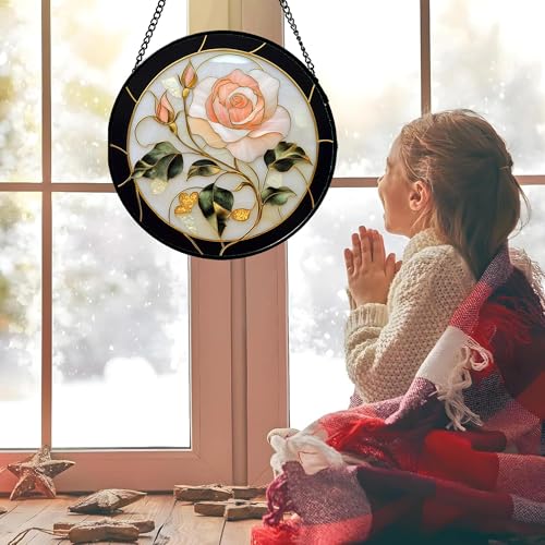 Pink Rose Stained Glass Window Hanging Suncatcher Gifts for Women 9.8"