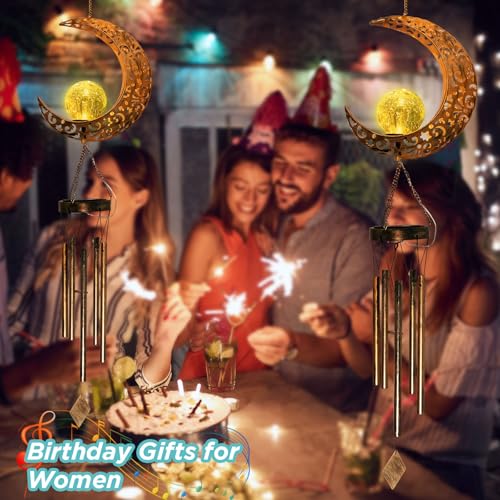 Solar Moon Wind Chimes for Outside Unique Birthday Mom Gifts for Women Mom Grandma Crackle Glass Ball LED Wind Chimes Solar Lights Outdoor Decor Light for Garden Patio Yard
