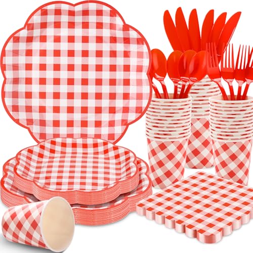 175 Pcs Red Gingham Plates and Napkins Party Supplies