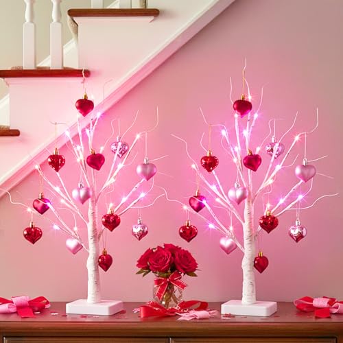 Valentines Day Decorations 2Pack Birch Tree with Hanging Heart (2 Count)