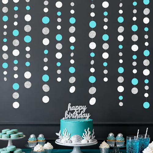 Teal Blue Silver White Party Polka Dot Garland Banner Aqua Turquoise Glitter Silver White Hanging Paper Circle Dots Streamer for Birthday Wedding Bridal Shower Party Decorations Supplies