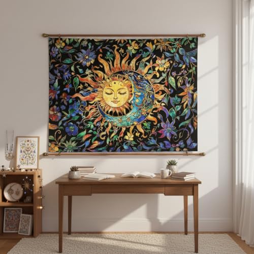 Sun and Moon Tapestry for Bedroom Boho Hippie Floral Wall Tapestry Aesthetic Vintage Stained Glass Plant Small Tapestries Wall Hanging for Living Room Dorm 60 x 44 Inch