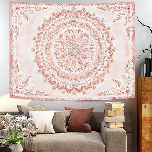 Boho Floral Mandala Tapestry Wall Hanging Pink Bohemian Flower Medallion Tapestry Aesthetic Watercolor Hippie Indian Small Tapestries for Bedroom Living Room Dorm Decor 40 x 30 Inch