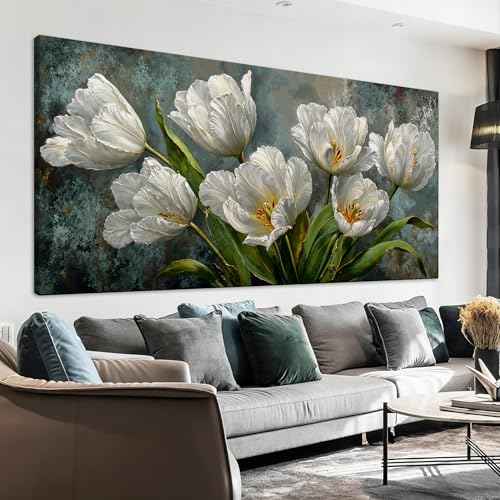 Oversized Canvas Wall Art Decor White Tulip Flower Canvas Art Wall Decor For Living Room Modern Floral Botanical Wall Art Prints Elegant Nature Flower Wall Art For Bedroom Home Office Decor 29"×58"