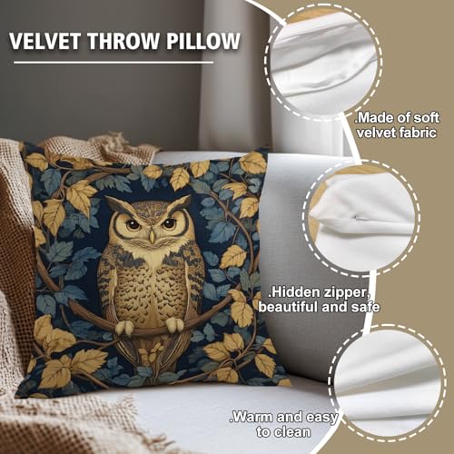 William Morris Abstract Vintage Floral Velvet Owl Design Throw Pillow Covers Home Decor