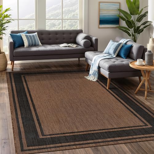 Large Outdoor Rug 9x12 Modern Bordered Area Rugs for Indoor and Outdoor Patio Deck Porch Garden Waterproof Weather Sun Resistant Washable Outside Carpet (108 Sq Ft)