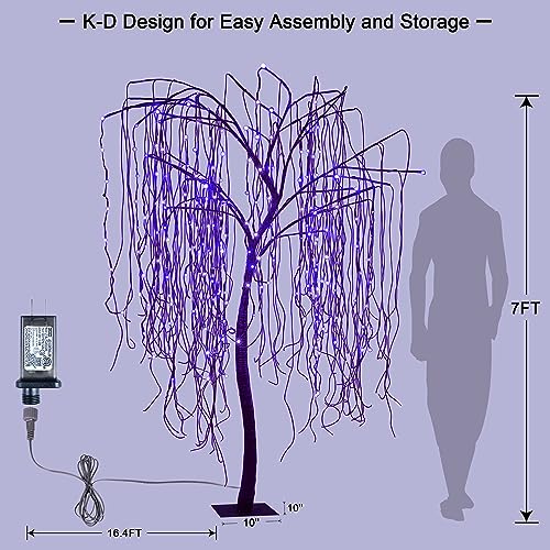7 FT Halloween Lighted Willow Tree 256 LED Purple Lights Artificial Weeping Willow Tree with 6 Spiders Outdoor Indoor Decoration Christmas Festival Decor (Purple)