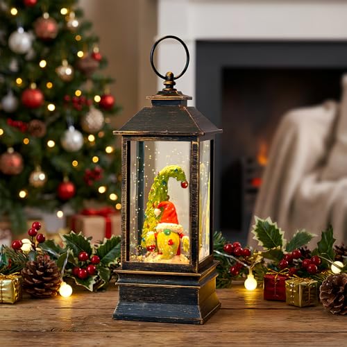 10'' Christmas Gnomes Snow Globe Lantern Lighted Whimsical Christmas Tree & Scandinavian Santa Elf Musical Water Lantern Swirling Glittering Home Decoration and Gift