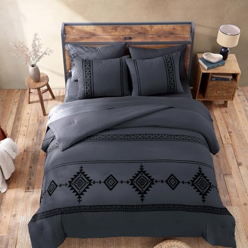Embroidery Queen Comforter Set 7 Pieces Crown Blue Bed in a Bag